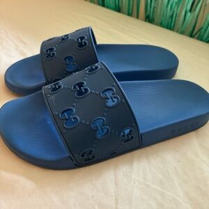 Gucci Blue Embossed Interlocking G Slide Sandals
